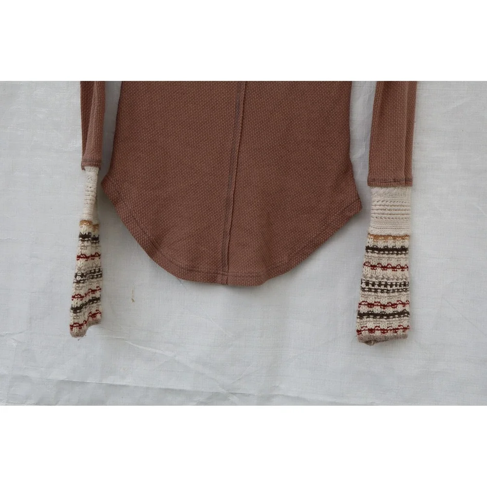 Free People Sunset Park Thermal Henley Mauve Brown Crochet‎ Cuff Women Top Small